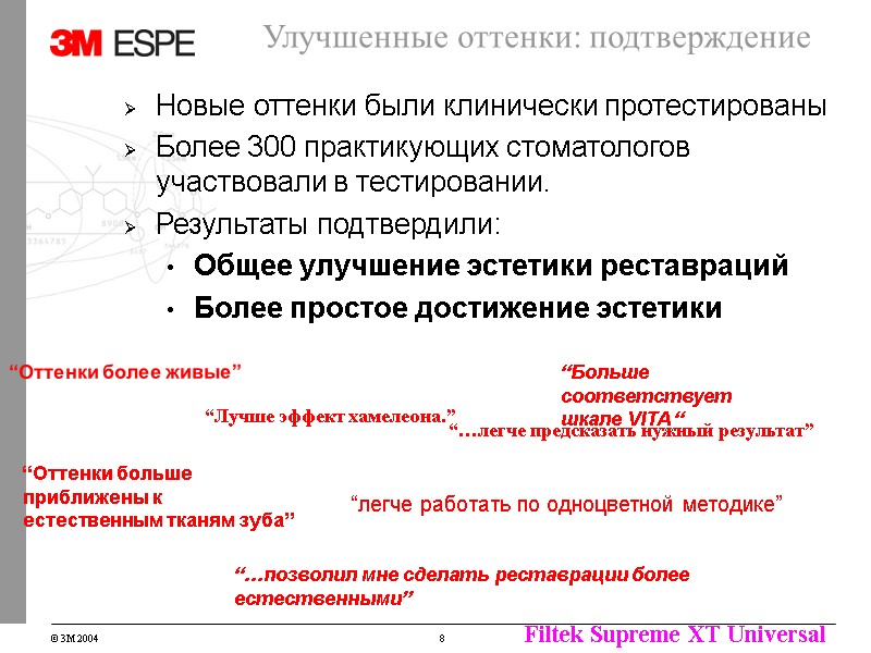 Новые оттенки были клинически протестированы Более 300 практикующих стоматологов участвовали в тестировании. Результаты подтвердили: Новые оттенки были клинически протестированы Более 300 практикующих стоматологов участвовали в тестировании. Результаты подтвердили:
